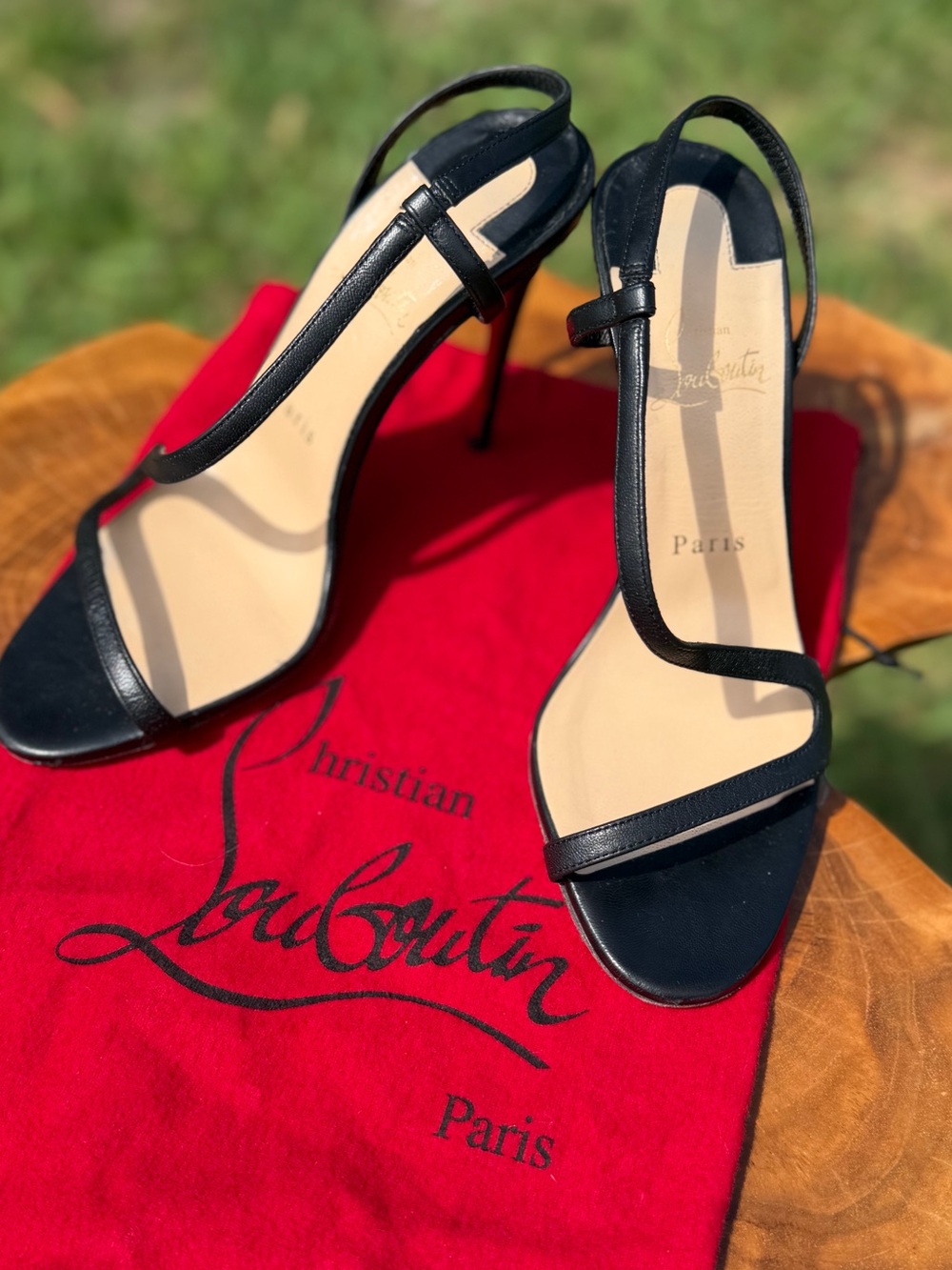 Christian Louboutin Black Leather T-Strap Stiletto Sandals